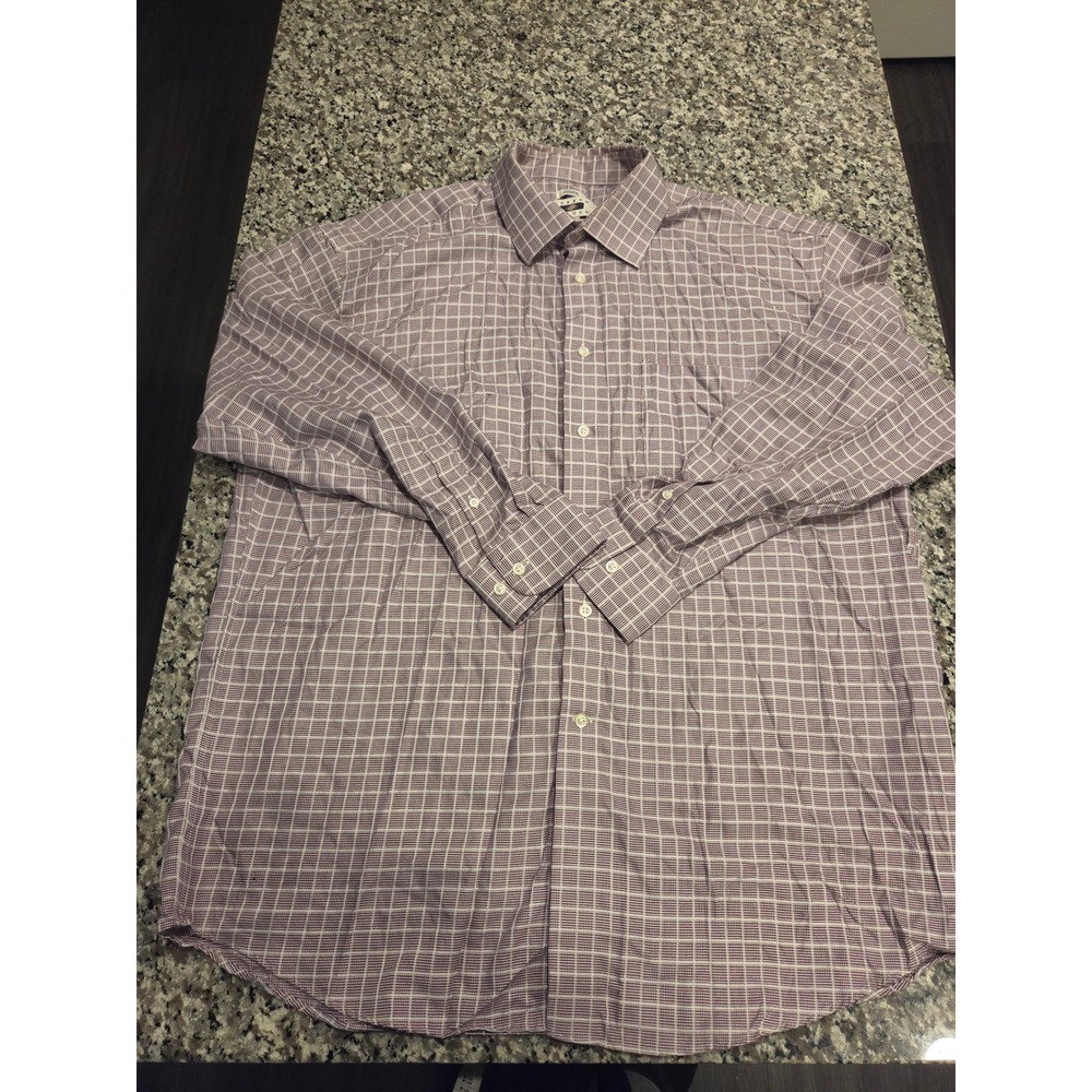 Joseph Abboud Button Down Mens 18 34/35 Purple Grid Non-Iron Egyptian Cotton